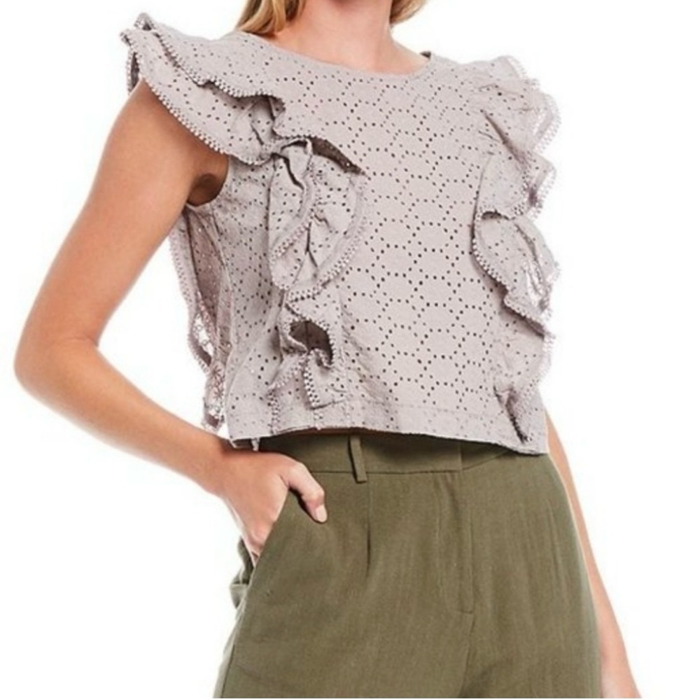 Shabby Chic Vintage Inspired Grey Beau Eyelet Ruffle Top Size Large